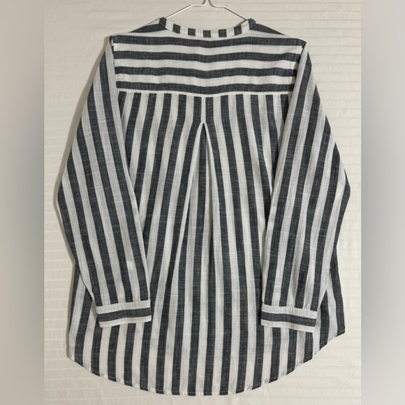 Lucky Brand Striped Tunic Mandarin Collar Top Henley Roll Tab Sleeves Medium - Picture 9 of 9
